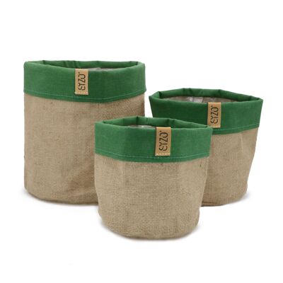 SIZO Jute Bag with green linen edge with waterproof biodegradable liner Ø13 x H13cm