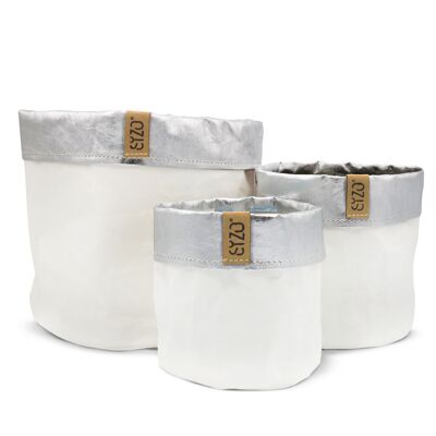 Bolsa de papel SIZO blanco/borde plateado con forro impermeable biodegradable Ø13 x H13cm