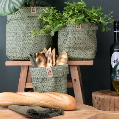 SIZO Knitted Paper Bag Olive with waterproof biodegradable liner 13 x 13 cm