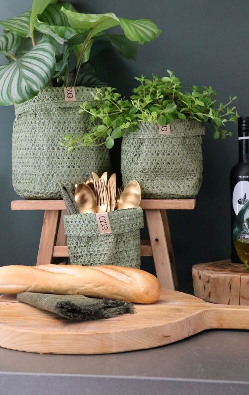 SIZO Knitted Paper Bag Olive with waterproof biodegradable liner 15 x 15 cm