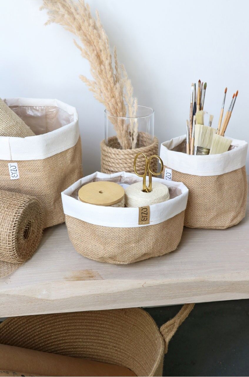 SIZO Sacchetti di iuta con bordo in lino 20 x 20 cm