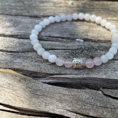 Elastic lithotherapy bracelet in natural Moonstone and Rose Quartz, silver Buddha head