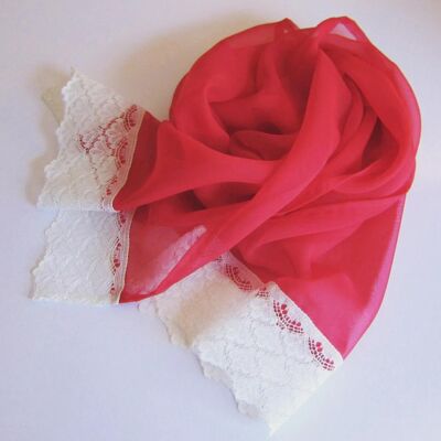 Red Chiffon Scarf With Cream Lace Trim