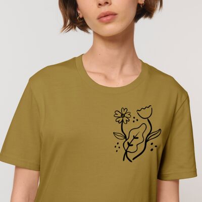 Olive green "Flowers" organic cotton T-shirt