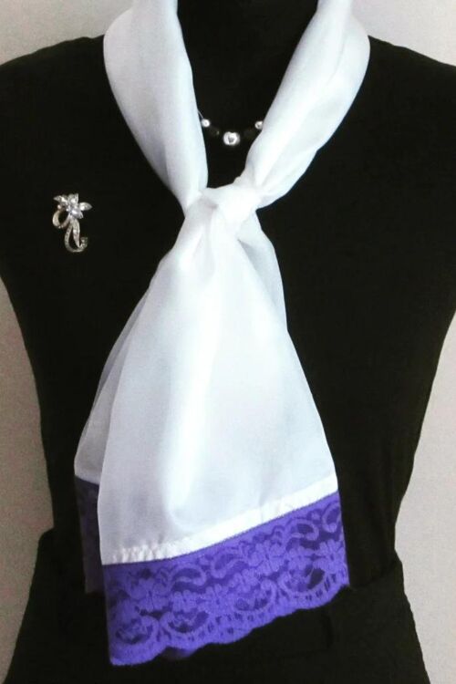 Lightweight Silk Ivory Scarf With Purple Lace Trim