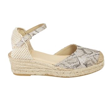 Espadrille compensée en jute naturel avec 3 cordes de couleur OR avec dessin de serpent 1