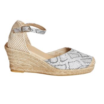 Espadrille compensée en jute naturel avec 5 cordes de couleur ARGENT avec dessin de serpent 1