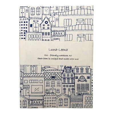 cuaderno sostenible A5 con casas holandesas - azul real - tapa blanda - papel ecológico - hecho a mano en Nepal - libreta casas holandesas