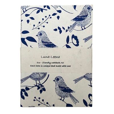 cahier durable A5 oiseau - bleu royal - couverture souple - papier eco friendly - fait main au Népal - cahier oiseaux