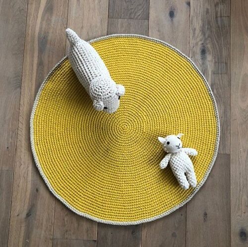 sustainable round children's rug - yellow - cotton - handmade in Nepal - crochet round carpet yellow