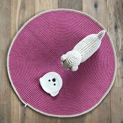 tapis rond pour enfants durable - rose - coton - fait main au Népal - tapis rond au crochet rose