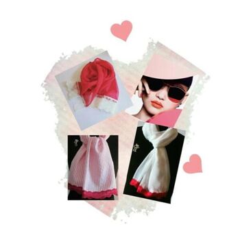 Écharpe en mousseline blanche avec bordure en dentelle rose foncé 4