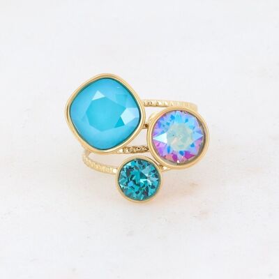 Goldener Trilogie-Ring mit Kristallen in Azure Blue, Black Diamond Shimmer und Indicolite