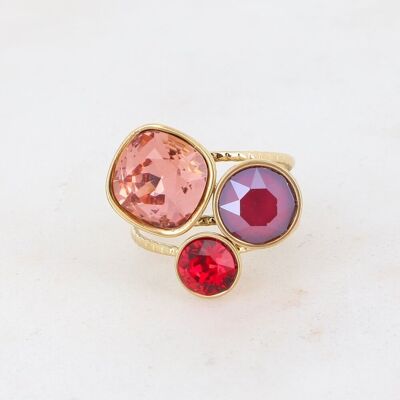 Anello trilogy dorato con cristalli Blush Rose, Dark Red e Scarlet