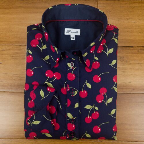 Grenouille Long Sleeve Navy and Red Cherry Print Shirt