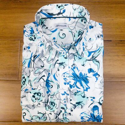 Grenouille Long Sleeve White & Blue Abstract Floral Shirt