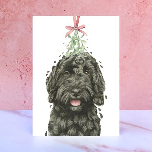 Black Cockapoo Mistletoe Christmas Card