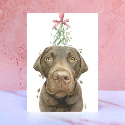 Biglietto di Natale con vischio Labrador al cioccolato