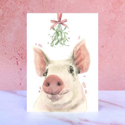 Tarjeta de Navidad con muérdago de cerdo