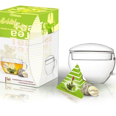 Creano AbloomTeelini Juego de regalo de flores de té con vaso de té y 8 tazas de tamaño de flores de té regalo de té verde