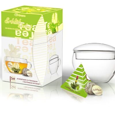 Creano AbloomTeelini Set Regalo Fiore di Tè con Bicchiere da Tè e 8 Tazze di Tè Fiori Regalo di Tè Verde