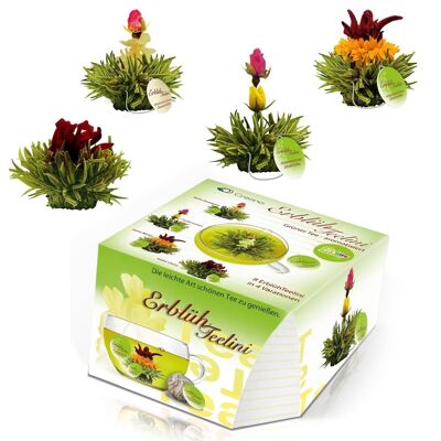 Creano Teeblumen im Tassenformat "ErblühTeelini" - 8 Teeblüten in 4 verschiedenen Sorten (Grüner Tee)