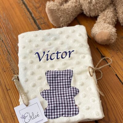 Embroidered first name health book cover Ourson TEDDY Blue