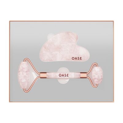 Gesichtsset (Gua Sha Stone & Rose Quartz Roller) + kostenlose Reisetasche