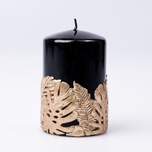 Monstera cylinder candle,  11 x 8cm - Black / Gold