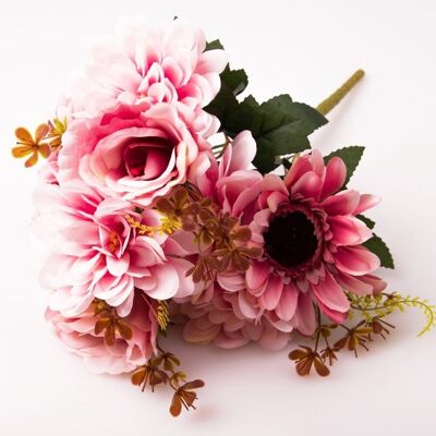 9 Zweige Rose / Dahlie / Gerbera Strauß Seidenblumen - Pink