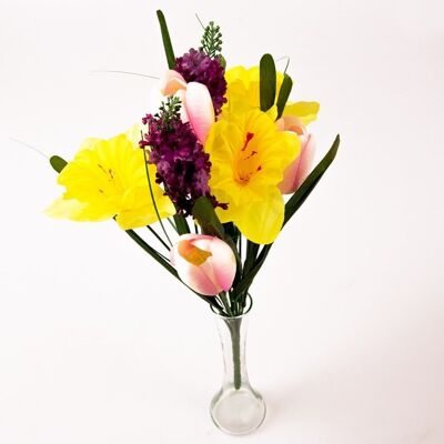 Bouquet de 9 branches fleurs en soie tulipes / narcisses / lilas - Rose clair/Violet