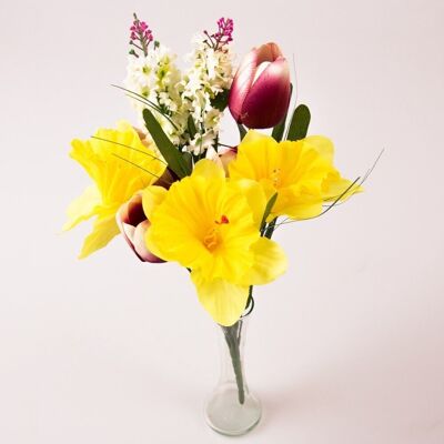 Bouquet de 9 branches fleurs en soie tulipes / narcisses / lilas - Aubergine