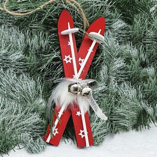 Wooden skis Christmas tree decoration 6cm x 15cm - Red