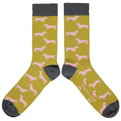 Men's Organic Cotton Crew Socks - sausage dogs lime green