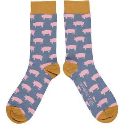Men's Organic Cotton Crew Socks - pigs smoky blue