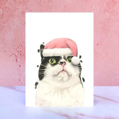 Carte de Noël pompon chat noir et blanc