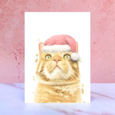 Tarjeta de Navidad con pompón de gato atigrado jengibre