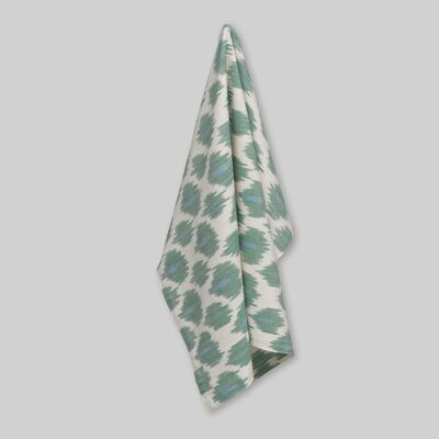 Paño de cocina, ikat tejido a mano, estampado de tulipanes en verde pastel y azul