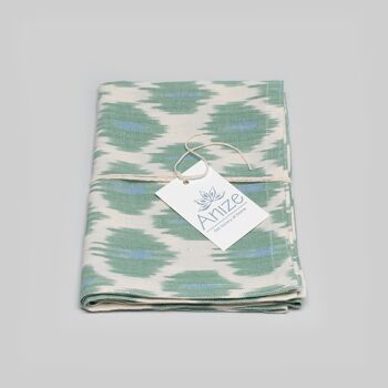 Torchon, ikat tissé à la main, motif tulipe en vert et bleu pastel 3