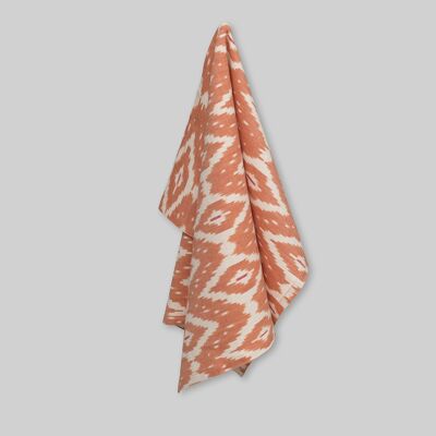 Tea towel, handwoven ikate, checkered pattern in coral, with burnt sienna accent