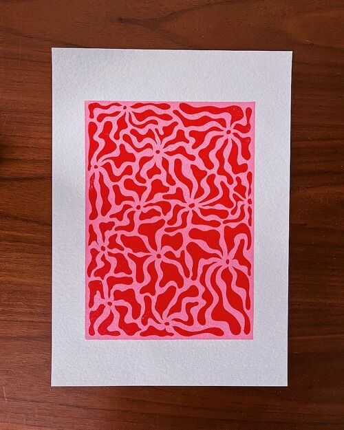 Fleurs - A4 Lino Print - Red & Pink