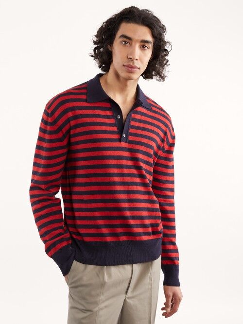 Recycled Cashmere & Cotton Striped Polo, Navy