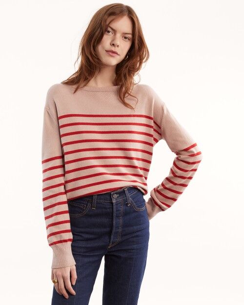Recycled Cashmere & Cotton Striped Sailor Sweater, Pink, Women