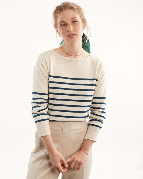 Recycled Cashmere & Cotton Striped Sailor Sweater, Off White, Women