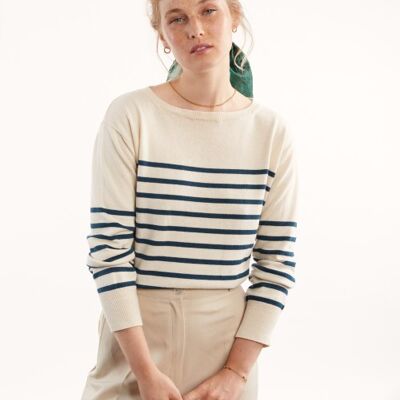 Recycled Cashmere & Cotton Striped Sailor Sweater, Off White, Women