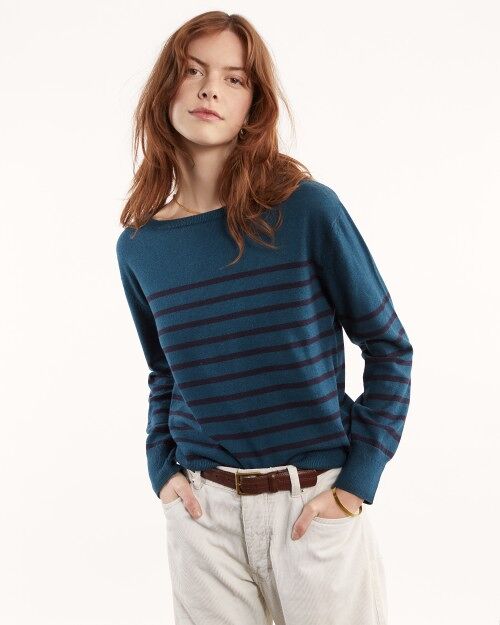 Recycled Cashmere & Cotton Striped Sailor Sweater, Pavone, Women