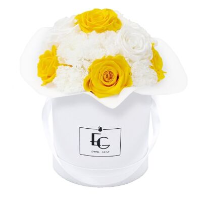 Splendid Carnation Mix Infinity Rosebox | Jaune ensoleillé et blanc pur | S