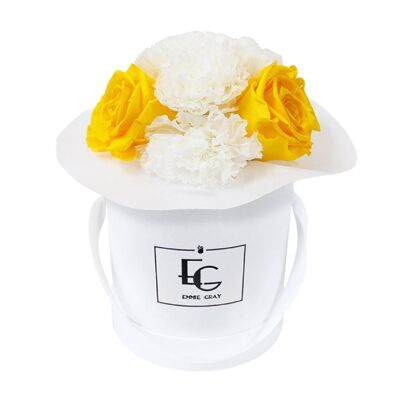 Splendid Carnation Mix Infinity Rosebox | Jaune ensoleillé et blanc pur | XS