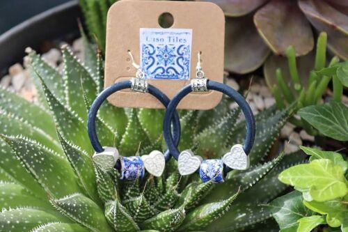 Cork Hoop Earrings, Blue Vegan Cork, Portugal Tile Hoop, Lightweight Earrings, Current Ecological Jewelry, Girlfriend Gift