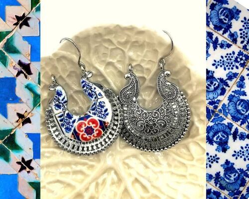 Current Woman Tribal Jewelry, Hoop Earrings Boho, Woman Gift for Holidays, Portuguese Tile Replica, Antique Silver Base.
